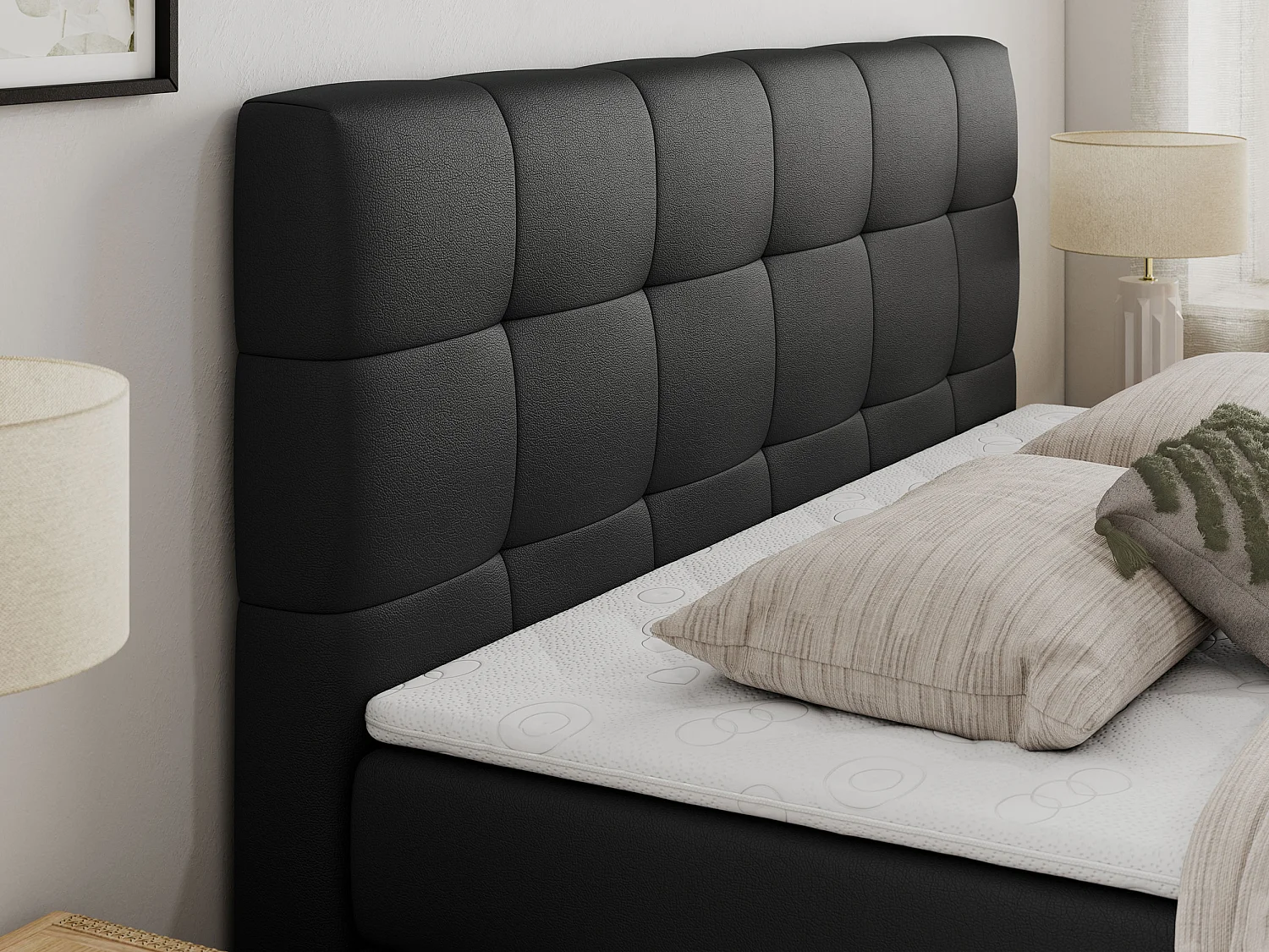 Boxspringbett LUKA KING, mit gestepptem Kopfteil, zwei Bettkästen, Multipocket-Matratze und Topper - 180x200 cm - H4 - Schwarz Kunstleder