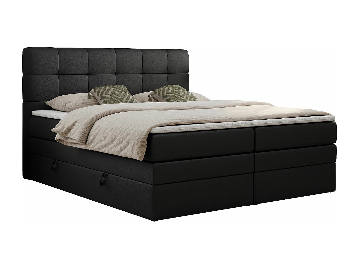 Boxspringbett LUKA KING, mit gestepptem Kopfteil, zwei Bettkästen, Multipocket-Matratze und Topper - 180x200 cm - H4 - Schwarz Kunstleder