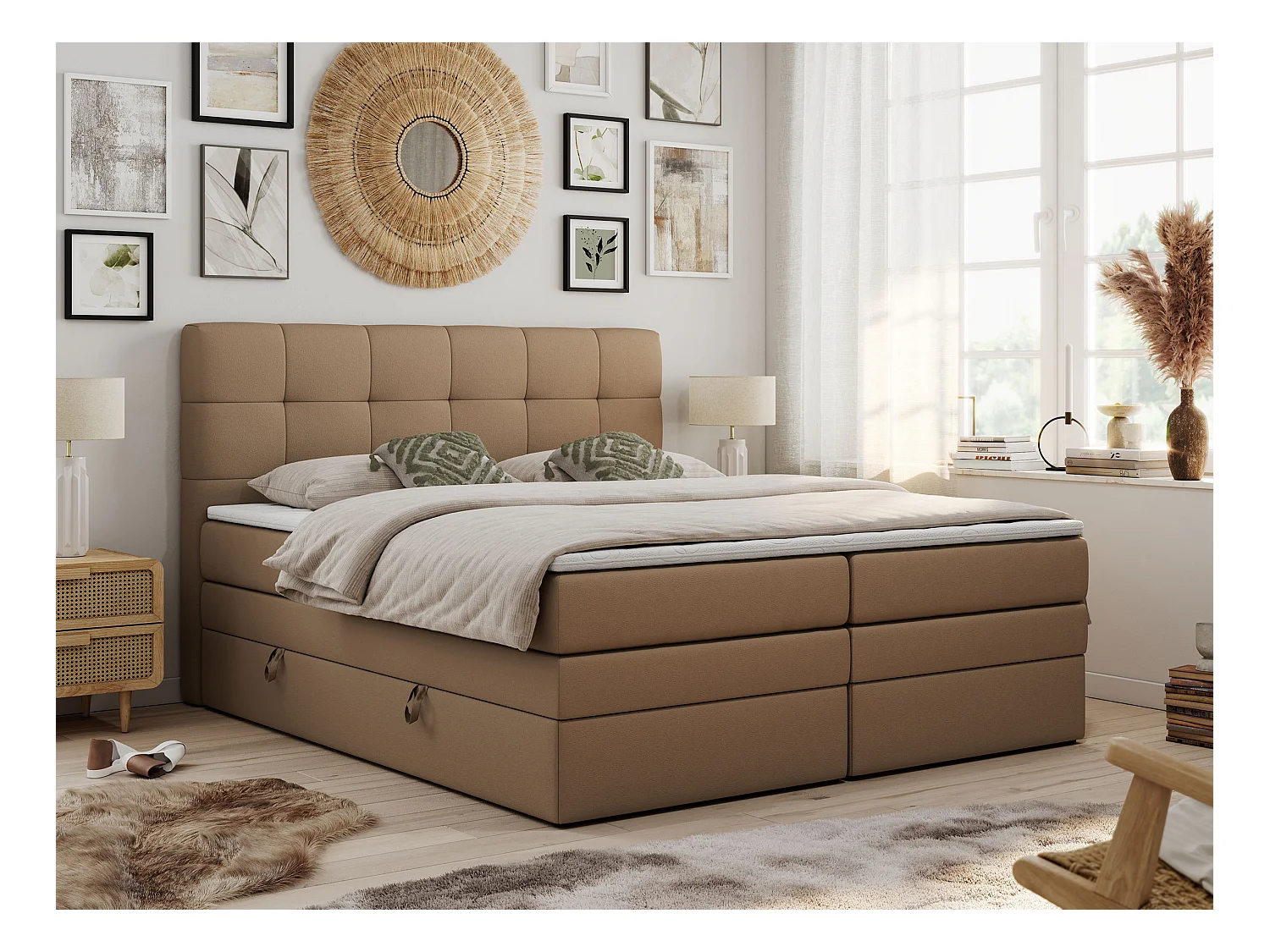 Boxspringbett LUKA KING, mit gestepptem Kopfteil, zwei Bettkästen, Multipocket-Matratze und Topper - 140x200 cm - H3 - Braun Kunstleder