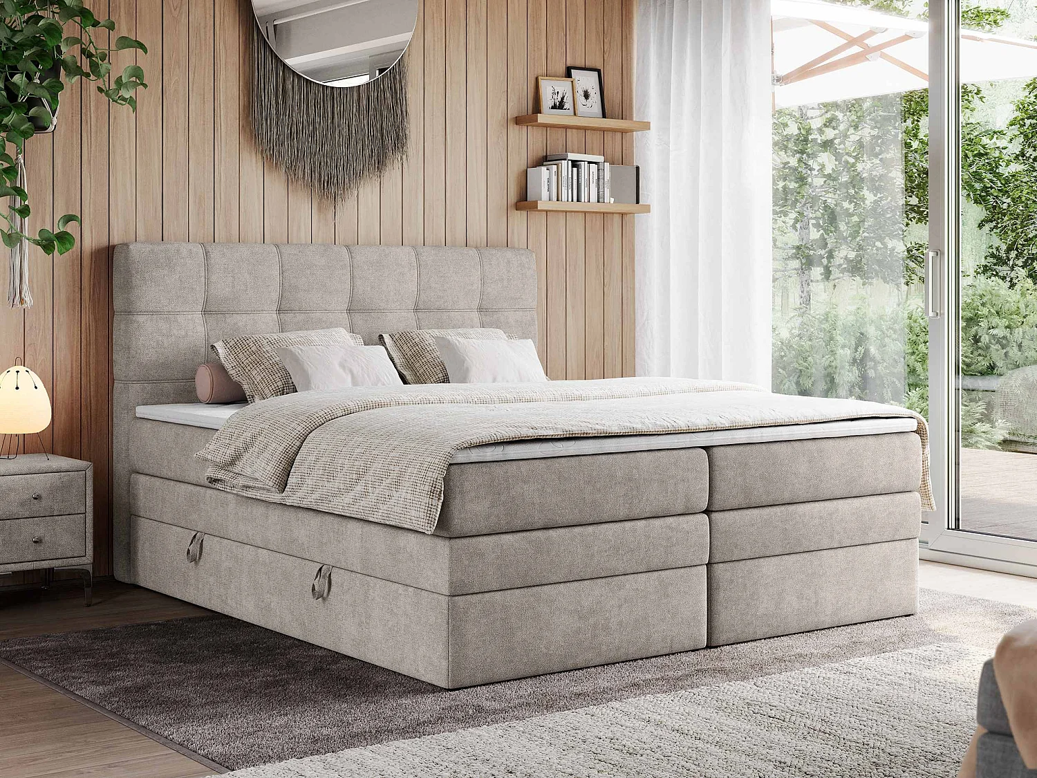 Boxspringbett ERNI KING, gestepptes Kopfteil, zwei Multipocket-Matratze und Topper, mit Stauraum - 200x200 cm - H4 - Beige Strukture