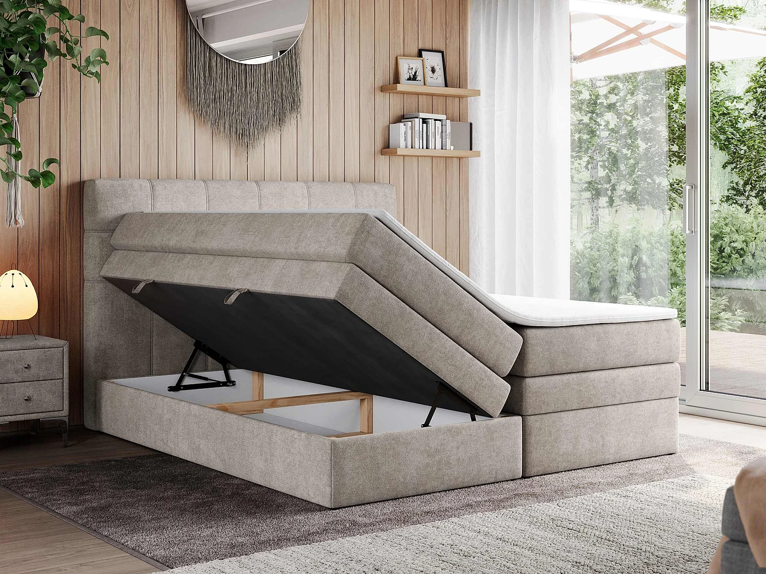 Boxspringbett ERNI KING, gestepptes Kopfteil, zwei Multipocket-Matratze und Topper, mit Stauraum - 200x200 cm - H4 - Beige Strukture