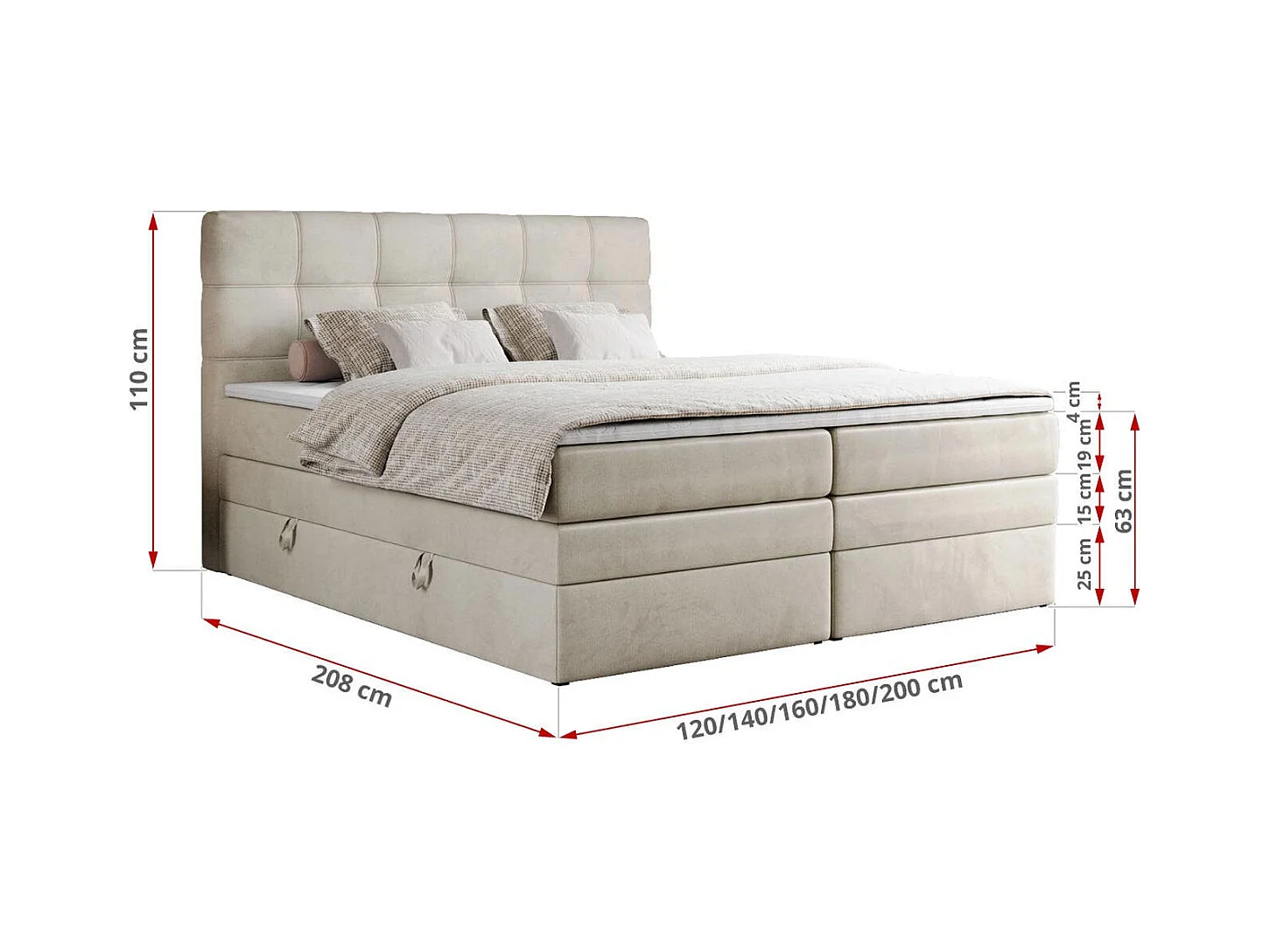 Boxspringbett ERNI KING, gestepptes Kopfteil, zwei Multipocket-Matratze und Topper, mit Stauraum - 140x200 cm - H4 - Beige Velvet