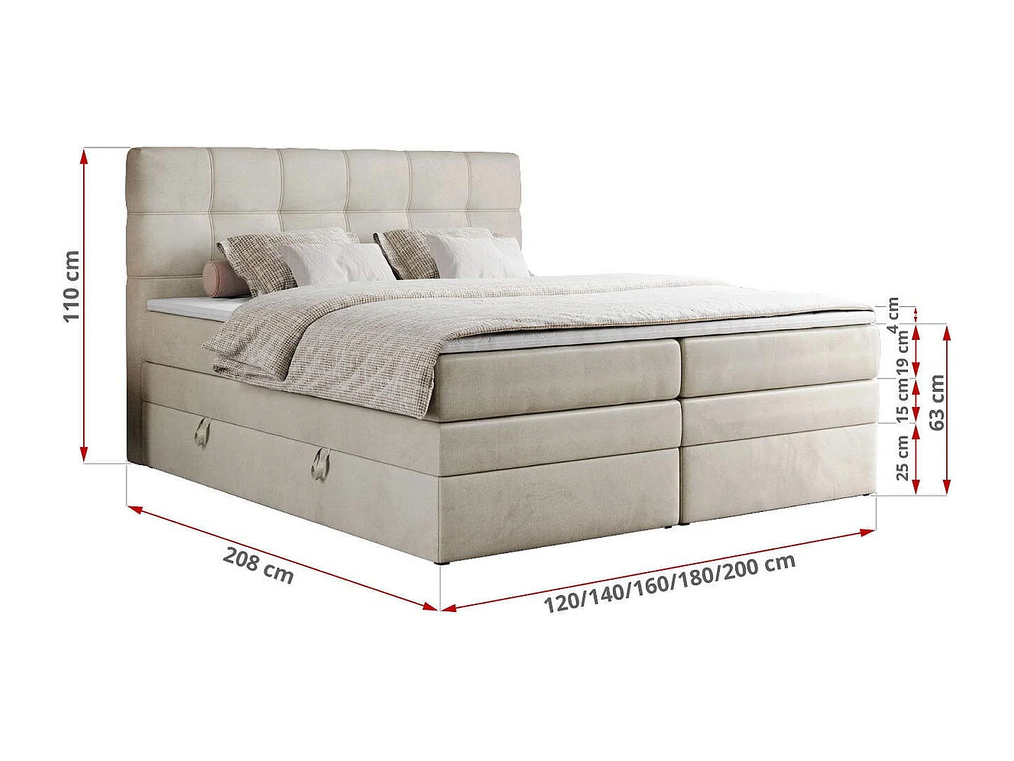 Boxspringbett ERNI KING, gestepptes Kopfteil, zwei Multipocket-Matratze und Topper, mit Stauraum - 140x200 cm - H4 - Beige Velvet