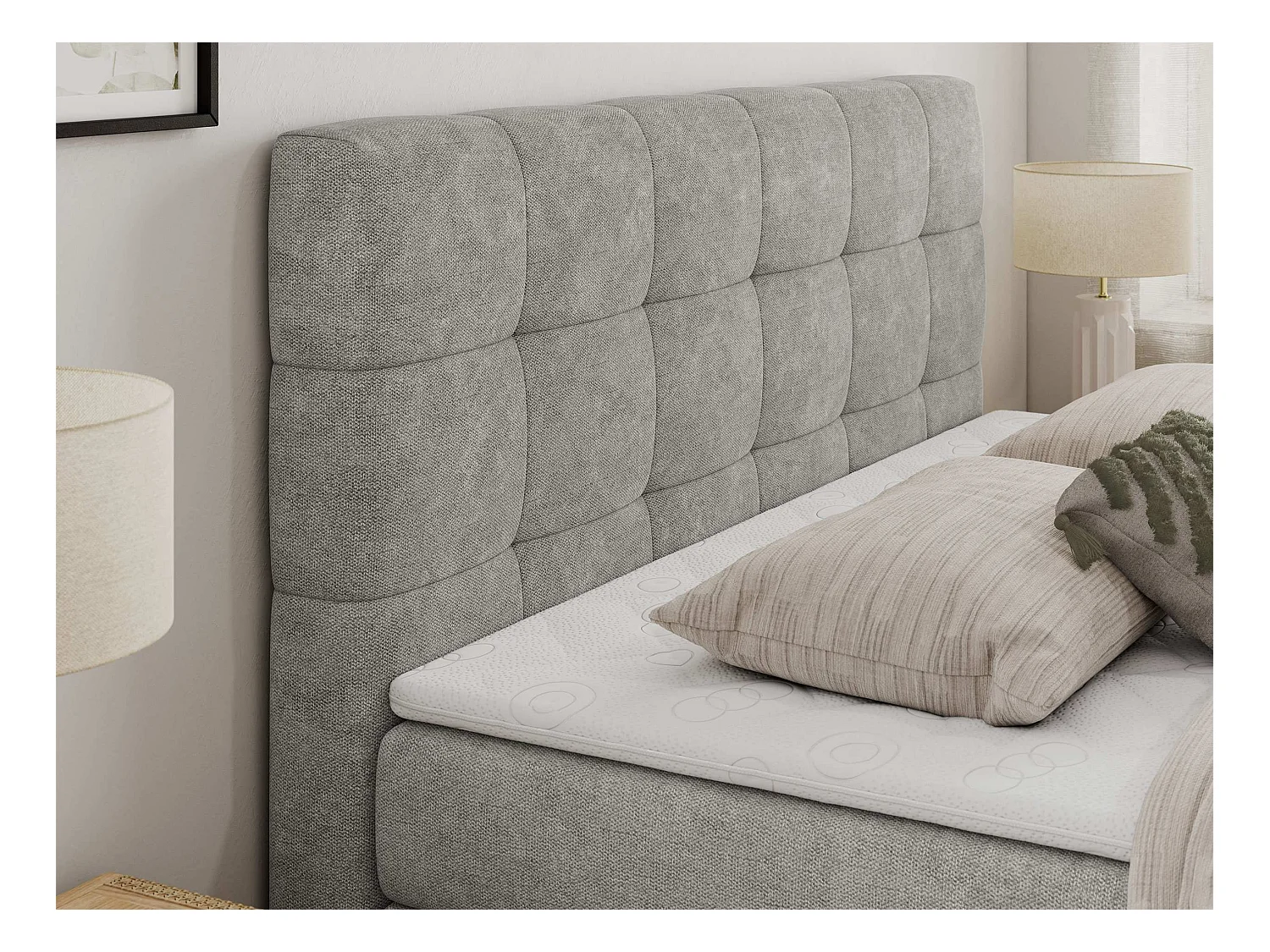 Boxspringbett LUKA KING, mit gestepptem Kopfteil, zwei Bettkästen, Multipocket-Matratze und Topper - 120x200 cm - H3 - Hellgrau Strukture