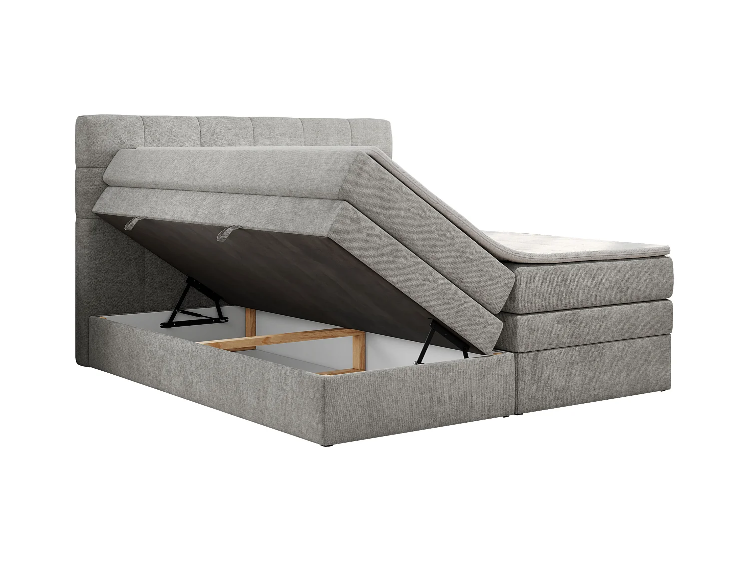 Boxspringbett LUKA KING, mit gestepptem Kopfteil, zwei Bettkästen, Multipocket-Matratze und Topper - 120x200 cm - H3 - Hellgrau Strukture