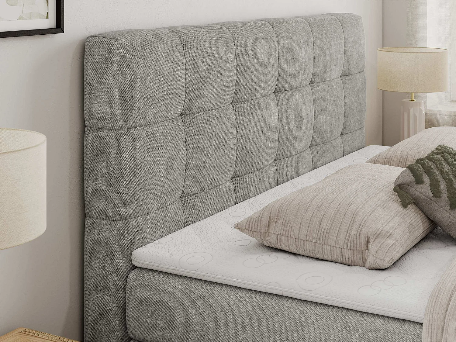 Boxspringbett LUKA KING, mit gestepptem Kopfteil, zwei Bettkästen, Multipocket-Matratze und Topper - 120x200 cm - H3 - Hellgrau Strukture