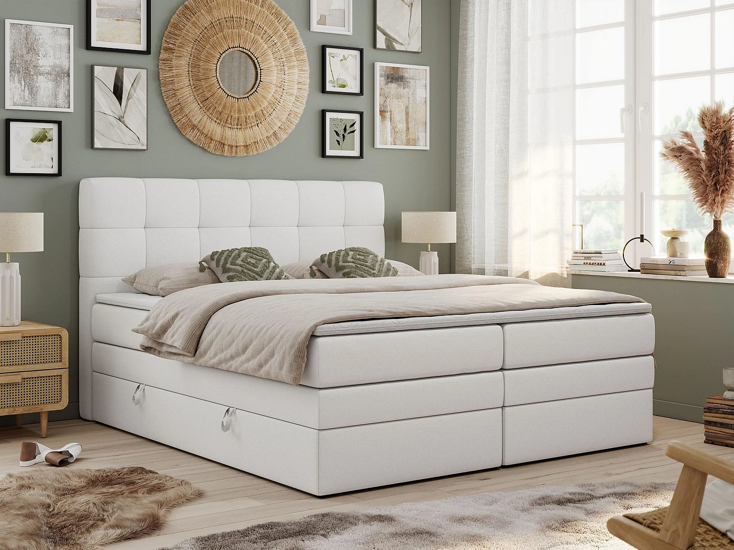 Boxspringbett LUKA KING, mit gestepptem Kopfteil, zwei Bettkästen, Multipocket-Matratze und Topper - 160x200 cm - H4 - Weiß Kunstleder