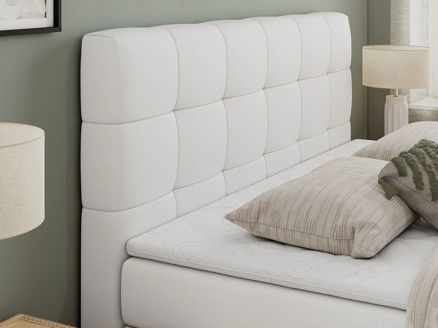 Boxspringbett LUKA KING, mit gestepptem Kopfteil, zwei Bettkästen, Multipocket-Matratze und Topper - 160x200 cm - H4 - Weiß Kunstleder