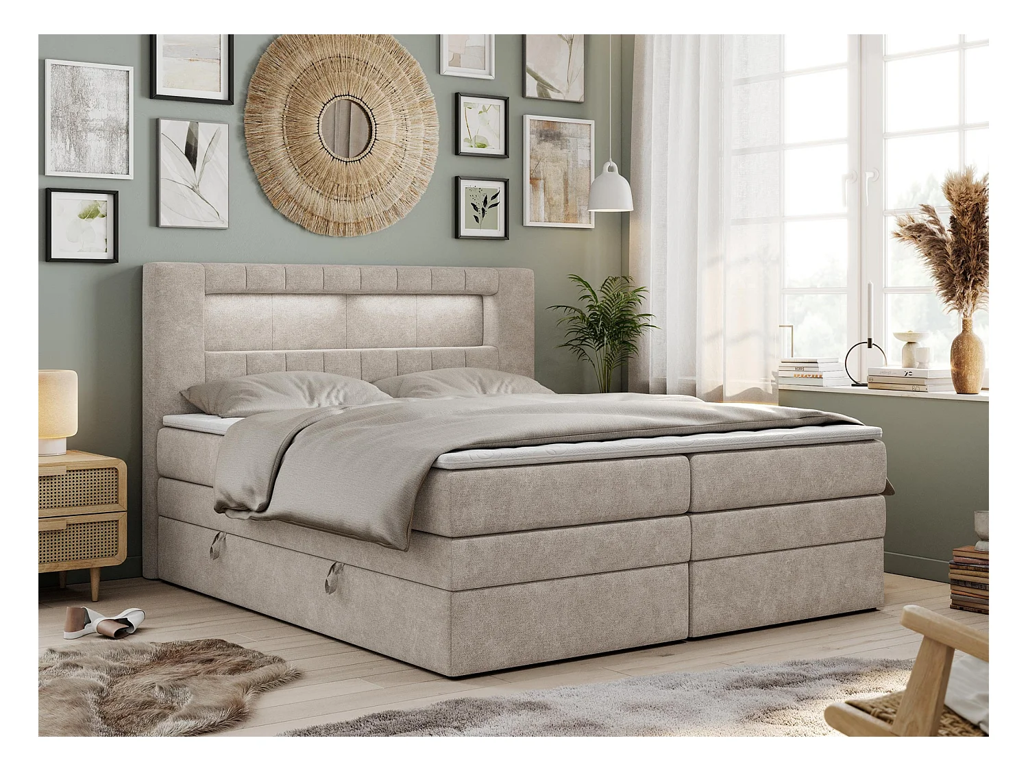 Boxspringbett GOLD 5 KING mit Stauraum, zwei Bettkästen, LED-Beleuchtung, Multipocket-Matratze - 160x200 cm - H3 - Beige Strukture