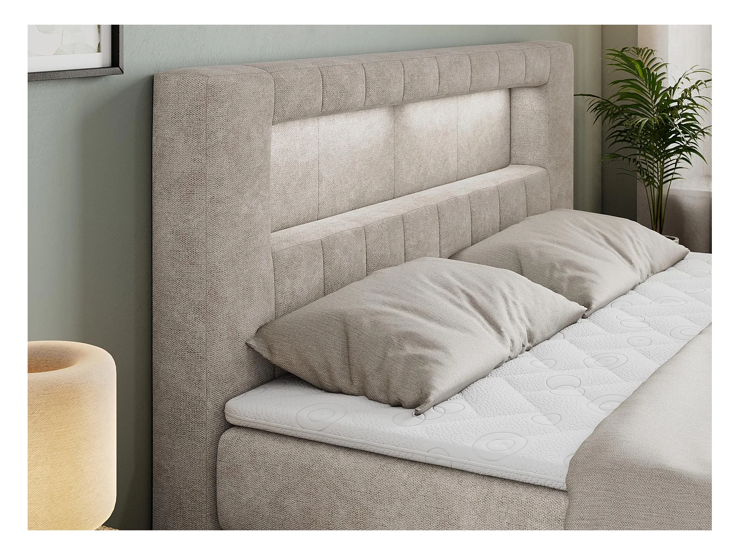 Boxspringbett GOLD 5 KING mit Stauraum, zwei Bettkästen, LED-Beleuchtung, Multipocket-Matratze - 160x200 cm - H3 - Beige Strukture