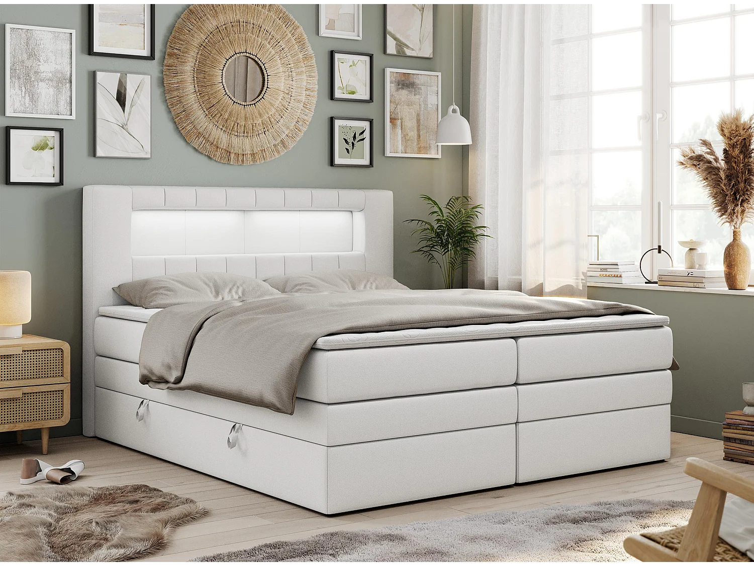 Boxspringbett GOLD 5 KING mit Stauraum, zwei Bettkästen, LED-Beleuchtung, Multipocket-Matratze - 180x200 cm - H4 - Weiß Kunstleder