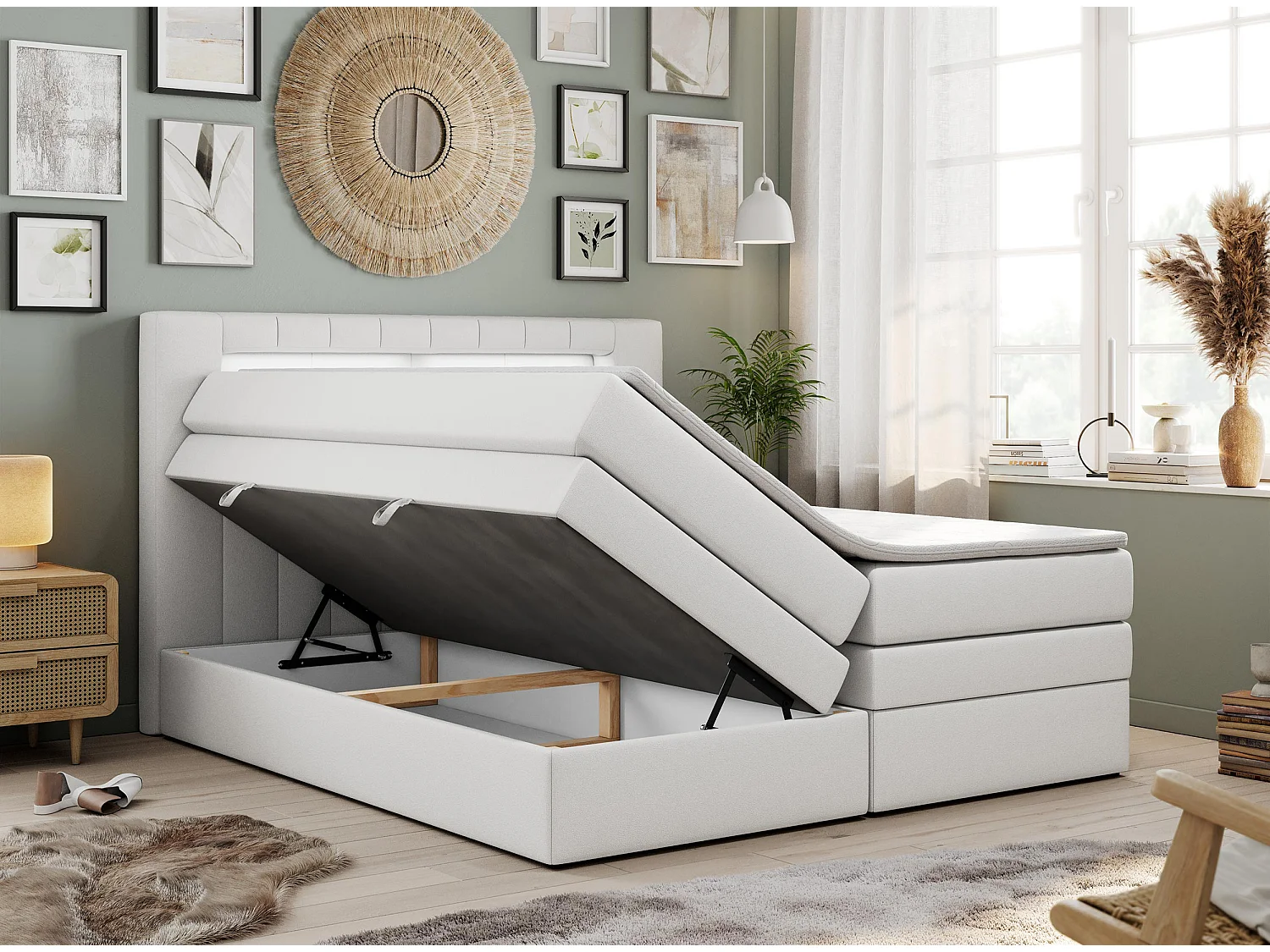 Boxspringbett GOLD 5 KING mit Stauraum, zwei Bettkästen, LED-Beleuchtung, Multipocket-Matratze - 180x200 cm - H4 - Weiß Kunstleder