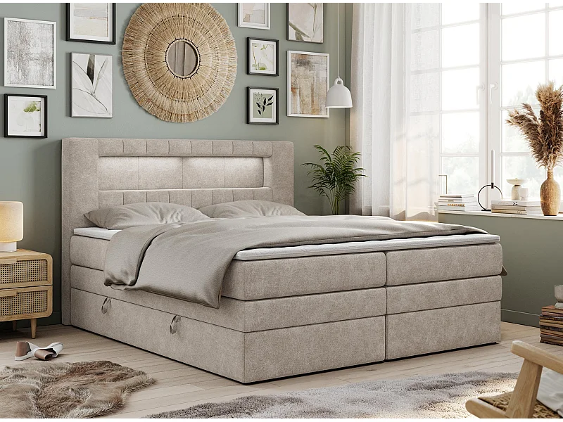 Boxspringbett GOLD 5 KING mit Stauraum, zwei Bettkästen, LED-Beleuchtung, Multipocket-Matratze - 160x200 cm - H4 - Beige Strukture