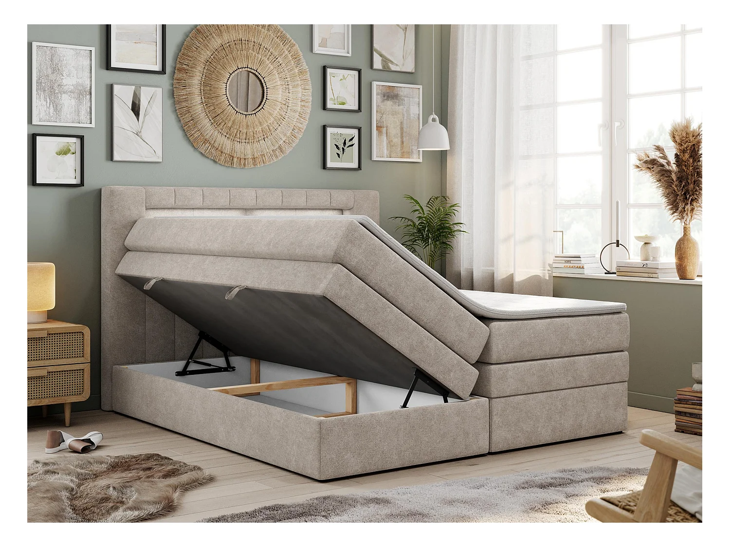 Boxspringbett GOLD 5 KING mit Stauraum, zwei Bettkästen, LED-Beleuchtung, Multipocket-Matratze - 160x200 cm - H4 - Beige Strukture