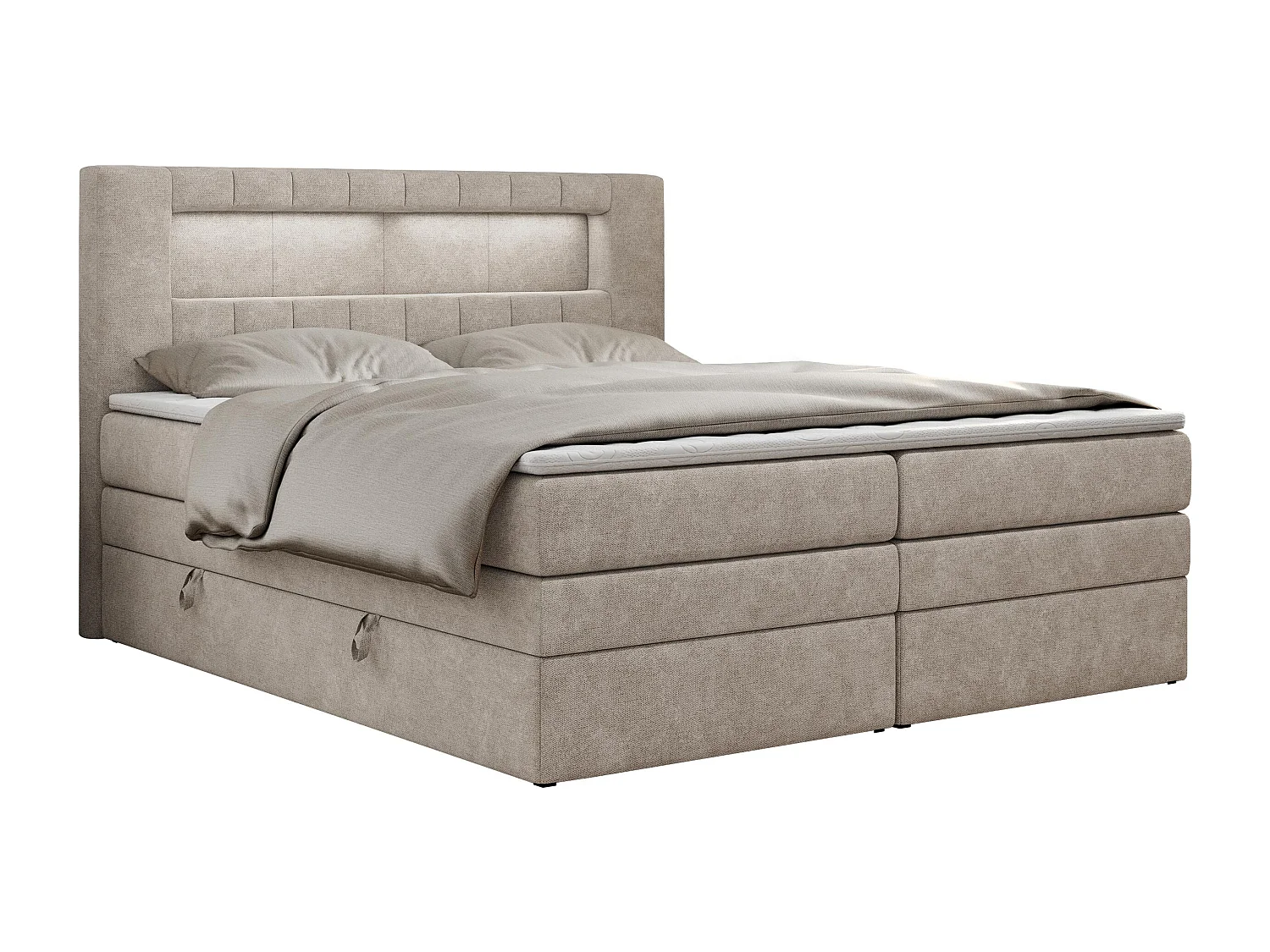 Boxspringbett GOLD 5 KING mit Stauraum, zwei Bettkästen, LED-Beleuchtung, Multipocket-Matratze - 160x200 cm - H4 - Beige Strukture