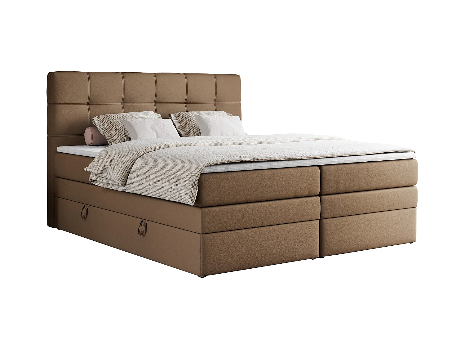 Boxspringbett ERNI KING, gestepptes Kopfteil, zwei Multipocket-Matratze und Topper, mit Stauraum - 160x200 cm - H3 - Braun Kunstleder