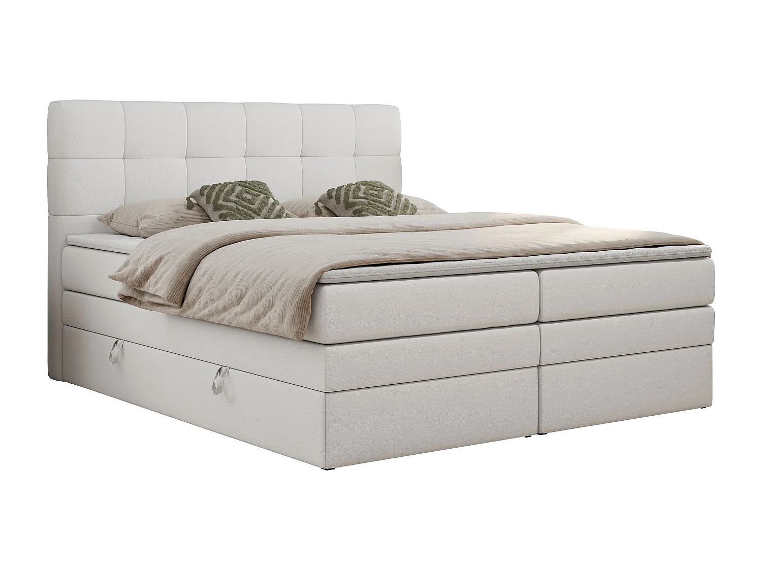 Boxspringbett LUKA KING, mit gestepptem Kopfteil, zwei Bettkästen, Multipocket-Matratze und Topper - 200x200 cm - H3 - Weiß Kunstleder