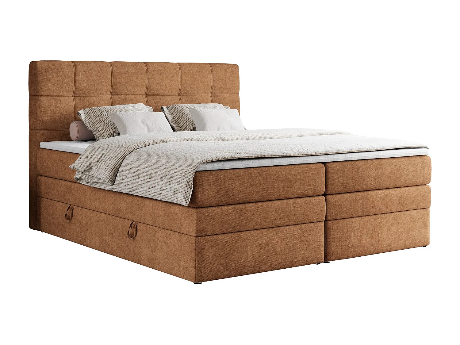 Boxspringbett ERNI KING, gestepptes Kopfteil, zwei Multipocket-Matratze und Topper, mit Stauraum - 160x200 cm - H4 - Orange Strukture