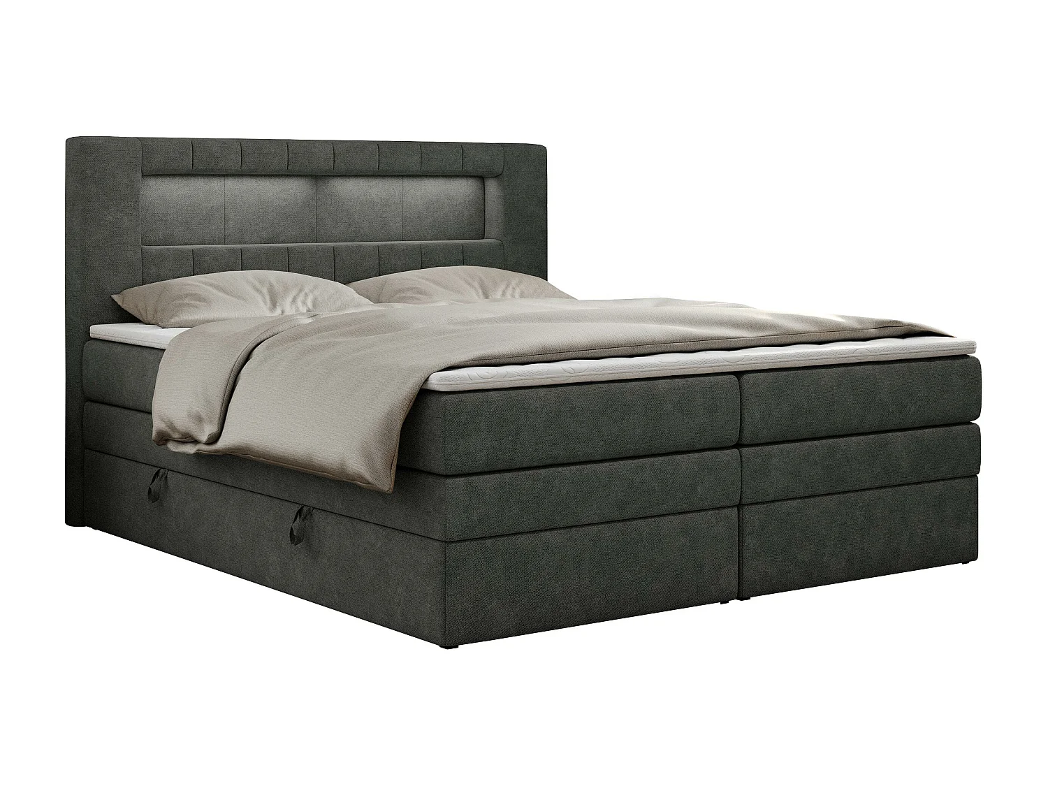 Boxspringbett GOLD 5 KING mit Stauraum, zwei Bettkästen, LED-Beleuchtung, Multipocket-Matratze - 200x200 cm - H4 - Dunkelgrau Strukture