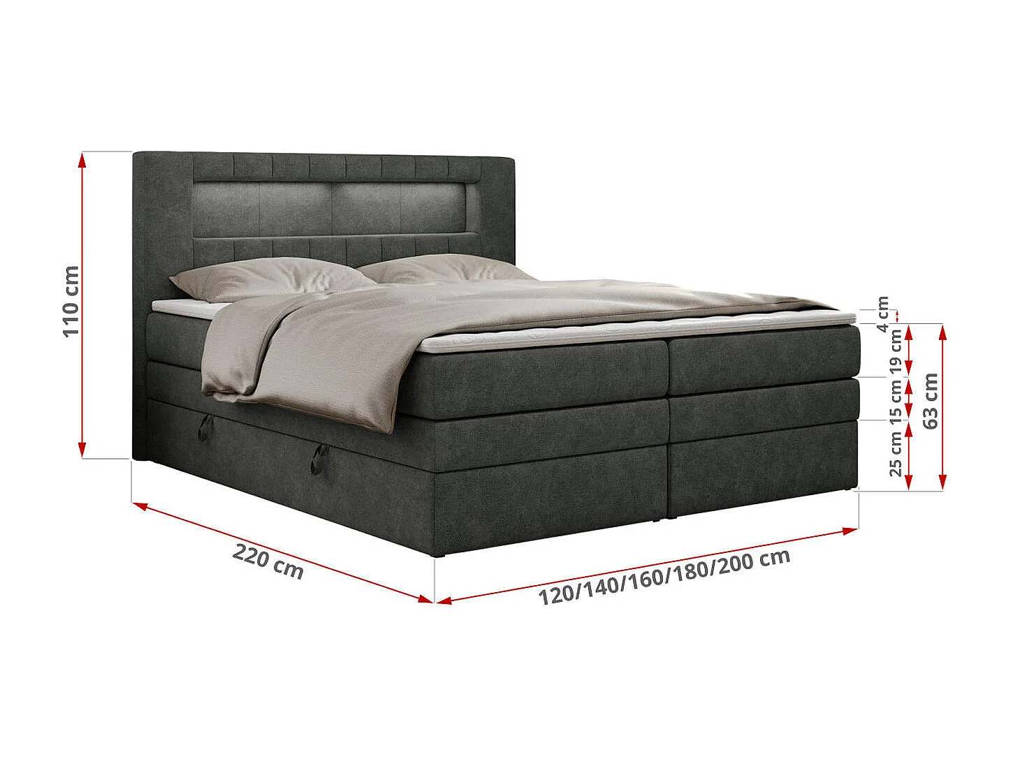 Boxspringbett GOLD 5 KING mit Stauraum, zwei Bettkästen, LED-Beleuchtung, Multipocket-Matratze - 200x200 cm - H4 - Dunkelgrau Strukture