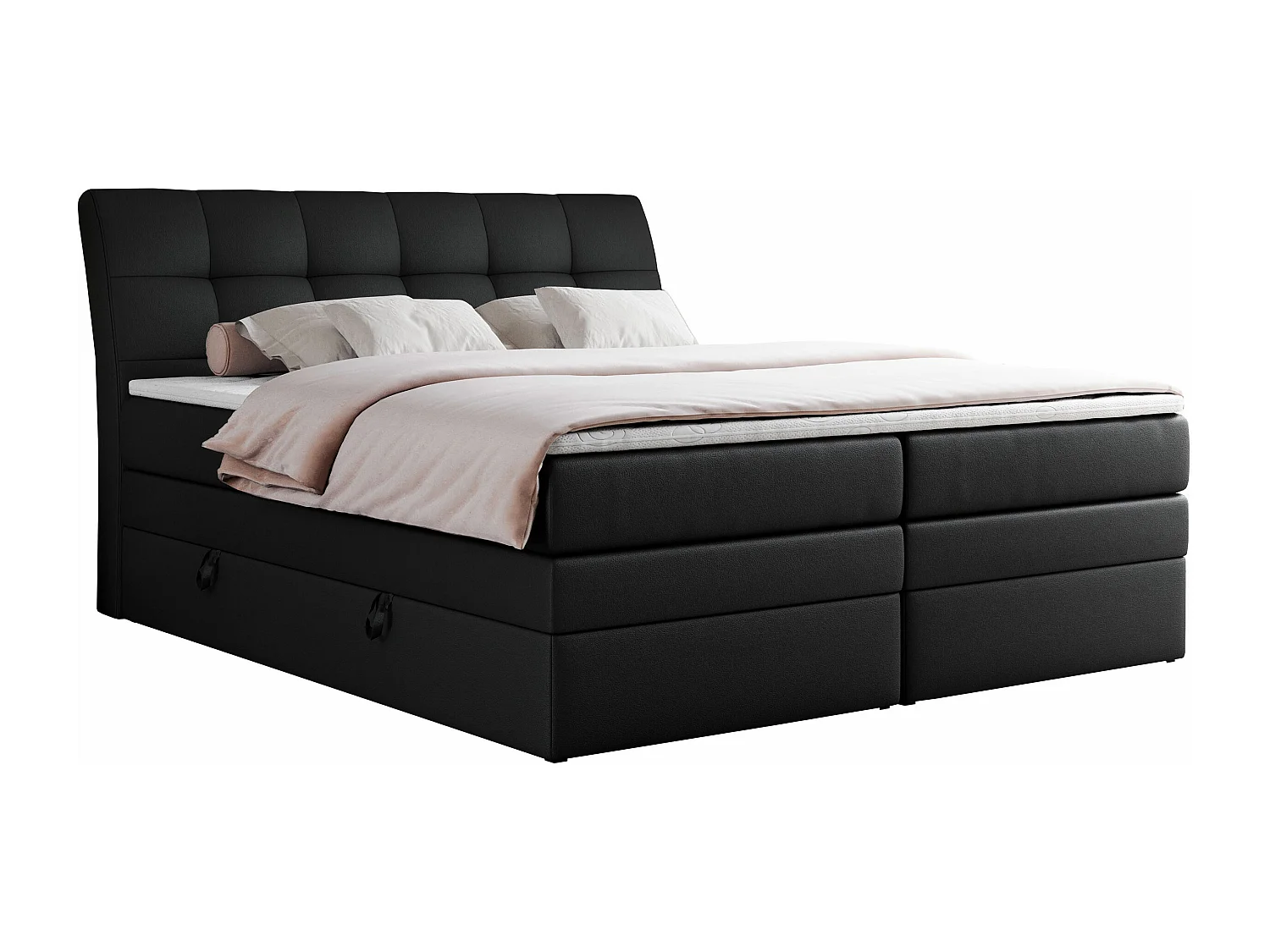 Boxspringbett GOLD 10 KING mit genähtes Kopfteil und Stauraum, zwei Multipocket-Matratze - 160x200 cm - H4 - Schwarz Kunstleder