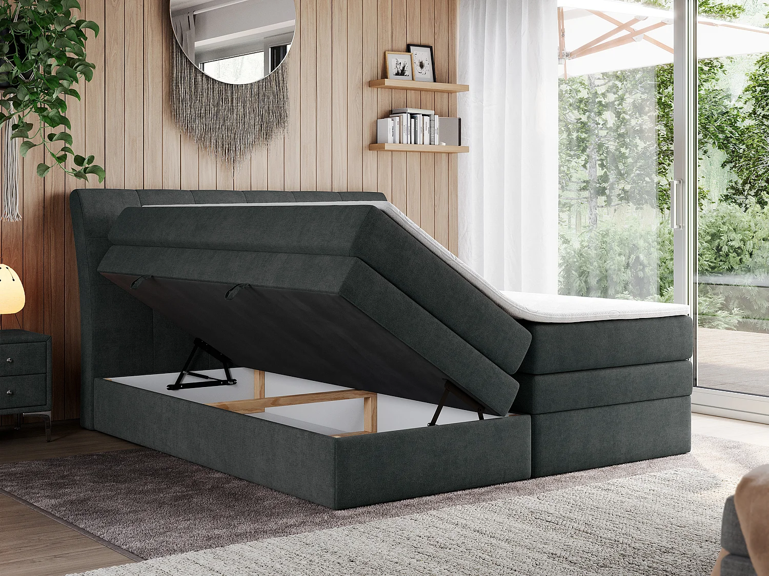 Boxspringbett GOLD 10 KING mit genähtes Kopfteil und Stauraum, zwei Multipocket-Matratze - 140x200 cm - H3 - Dunkelgrau Strukture