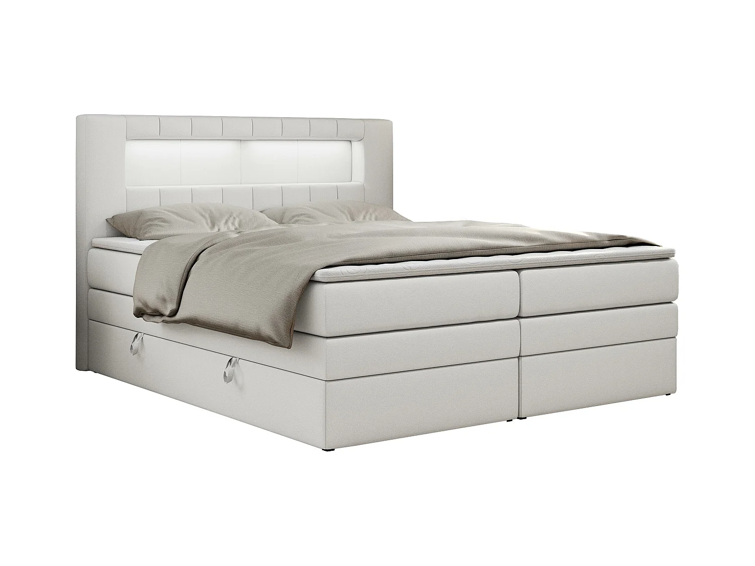 Boxspringbett GOLD 5 KING mit Stauraum, zwei Bettkästen, LED-Beleuchtung, Multipocket-Matratze - 140x200 cm - H4 - Weiß Kunstleder