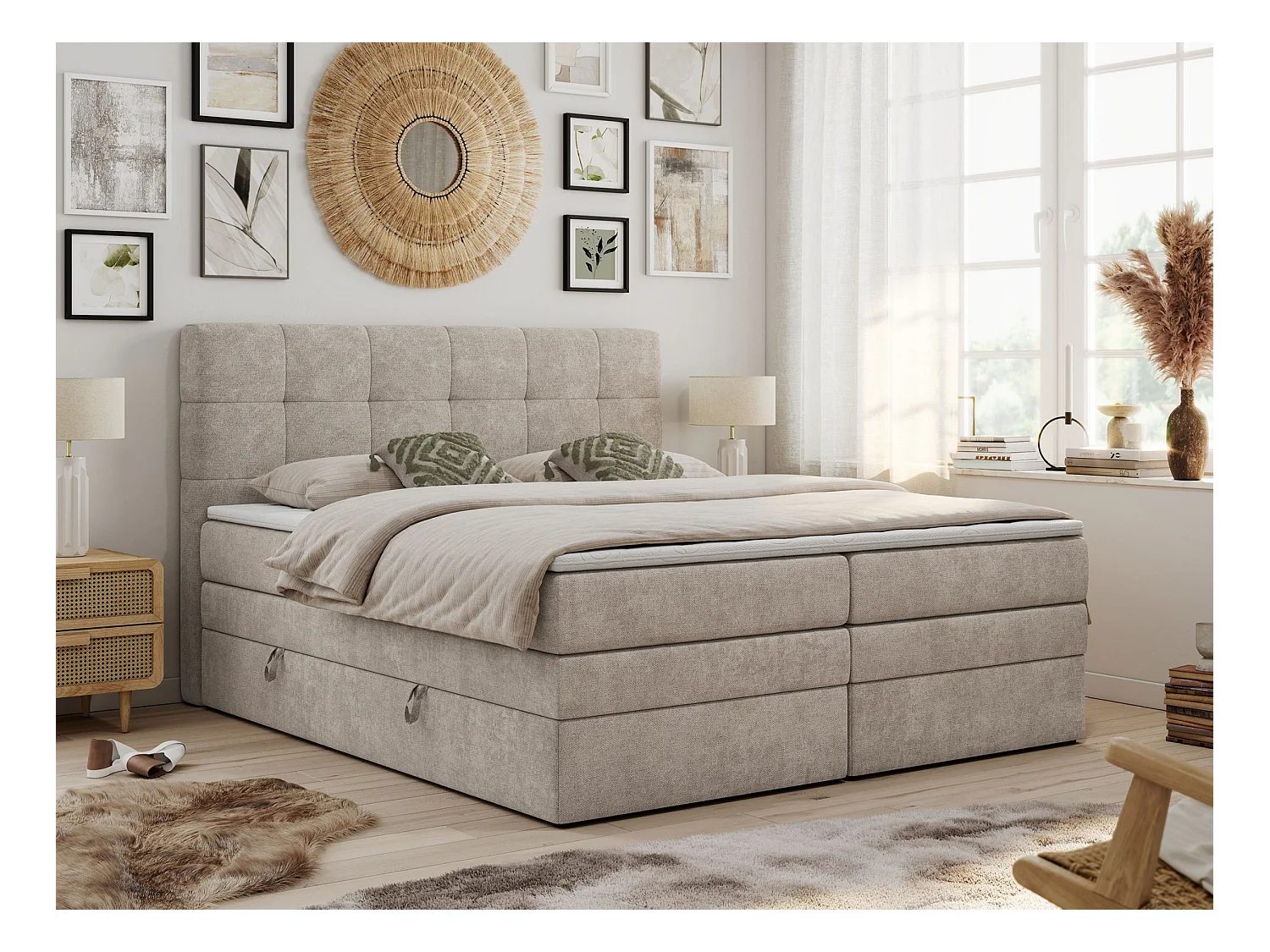 Boxspringbett LUKA KING, mit gestepptem Kopfteil, zwei Bettkästen, Multipocket-Matratze und Topper - 200x200 cm - H3 - Beige Strukture