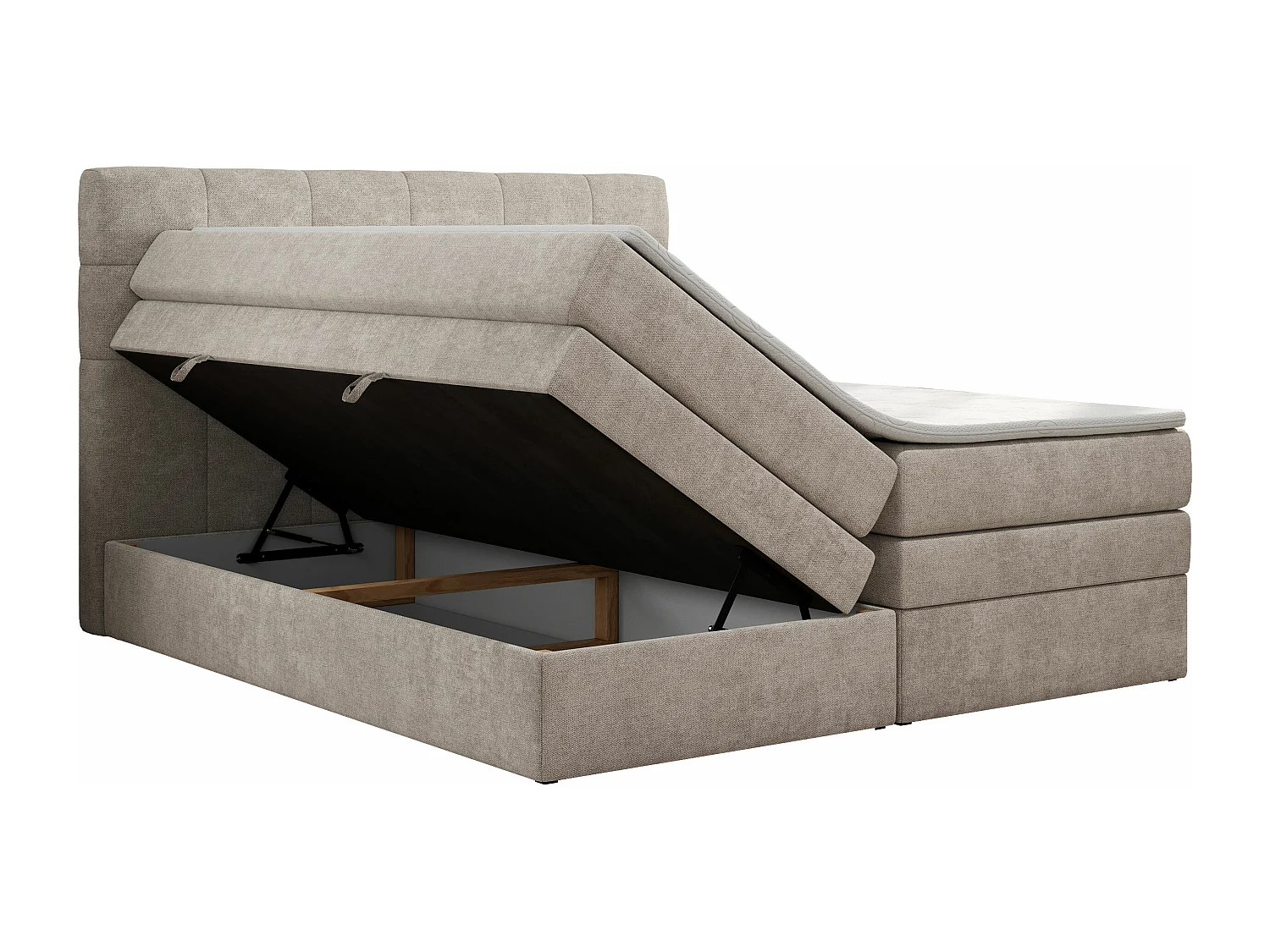 Boxspringbett LUKA KING, mit gestepptem Kopfteil, zwei Bettkästen, Multipocket-Matratze und Topper - 200x200 cm - H3 - Beige Strukture