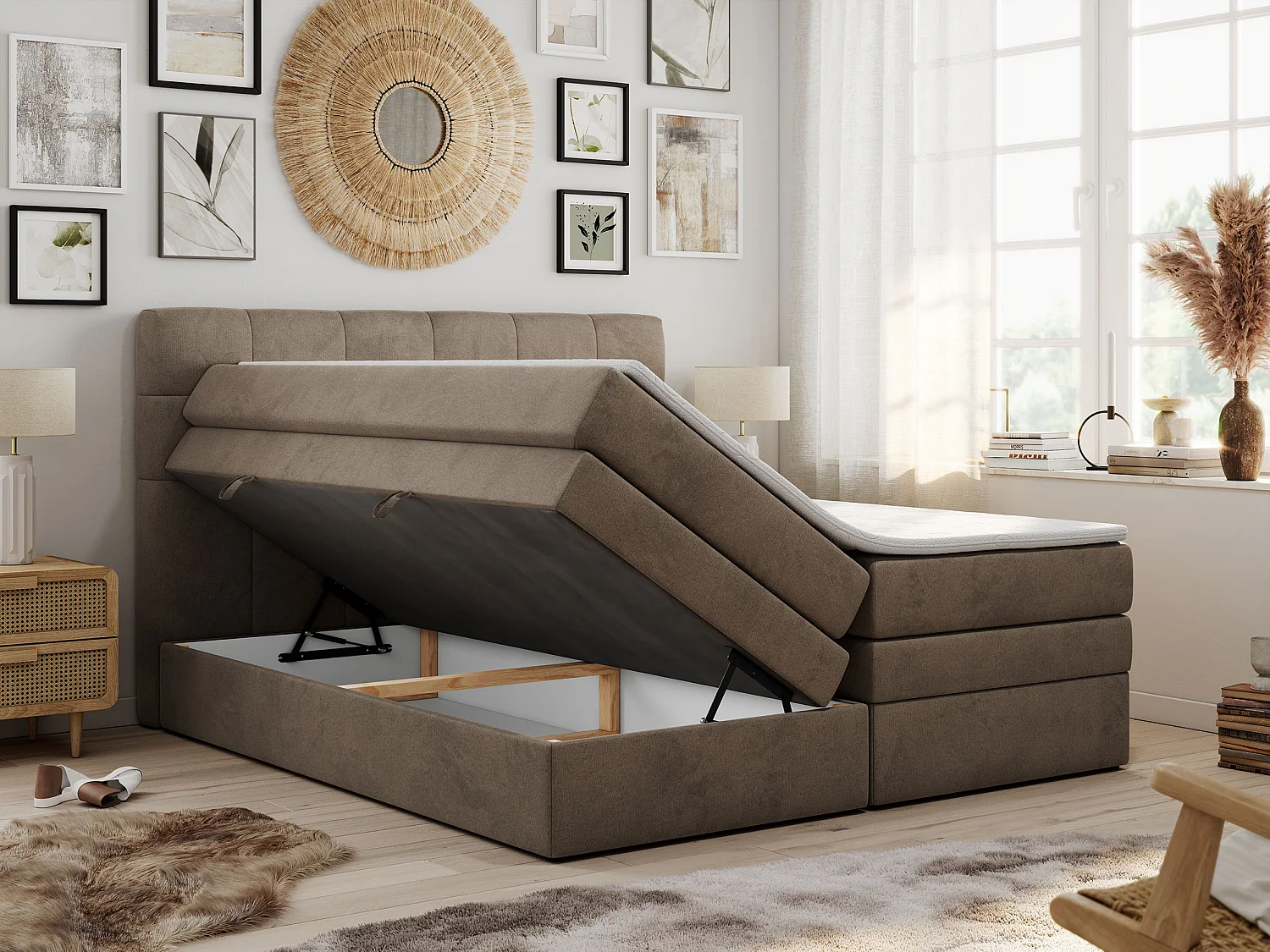 Boxspringbett LUKA KING, mit gestepptem Kopfteil, zwei Bettkästen, Multipocket-Matratze und Topper - 200x200 cm - H4 - Braun Velvet