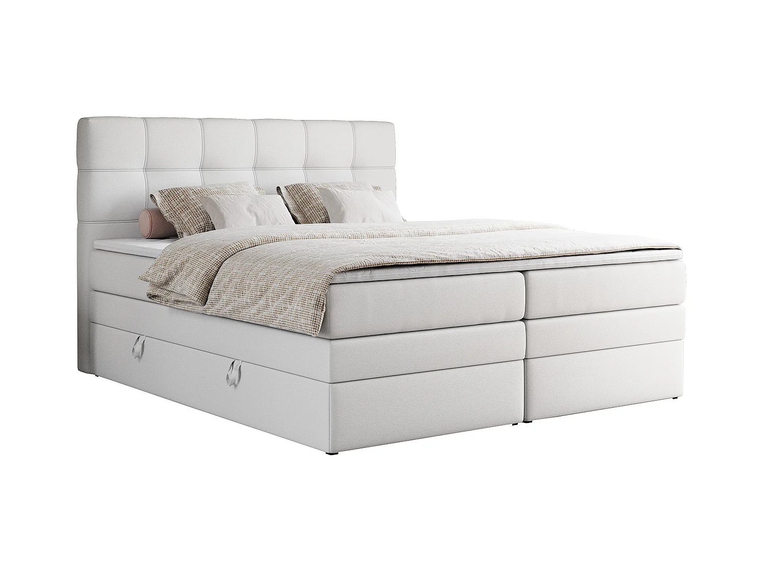 Boxspringbett ERNI KING, gestepptes Kopfteil, zwei Multipocket-Matratze und Topper, mit Stauraum - 200x200 cm - H3 - Weiß Kunstleder