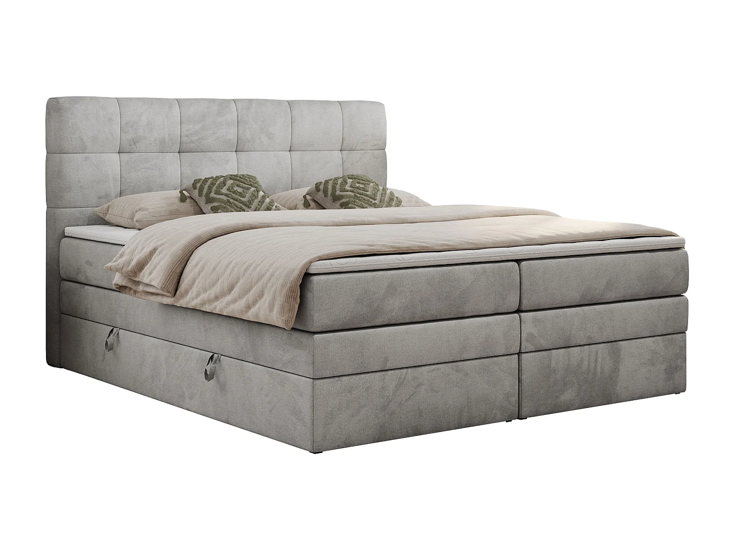 Boxspringbett LUKA KING, mit gestepptem Kopfteil, zwei Bettkästen, Multipocket-Matratze und Topper - 180x200 cm - H3 - Hellgrau Velvet