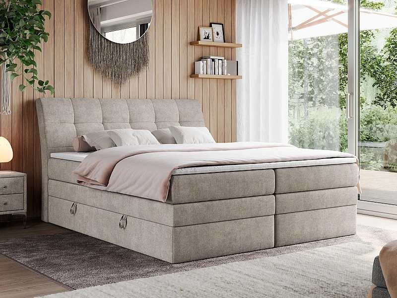 Boxspringbett GOLD 10 KING mit genähtes Kopfteil und Stauraum, zwei Multipocket-Matratze - 120x200 cm - H3 - Beige Strukture