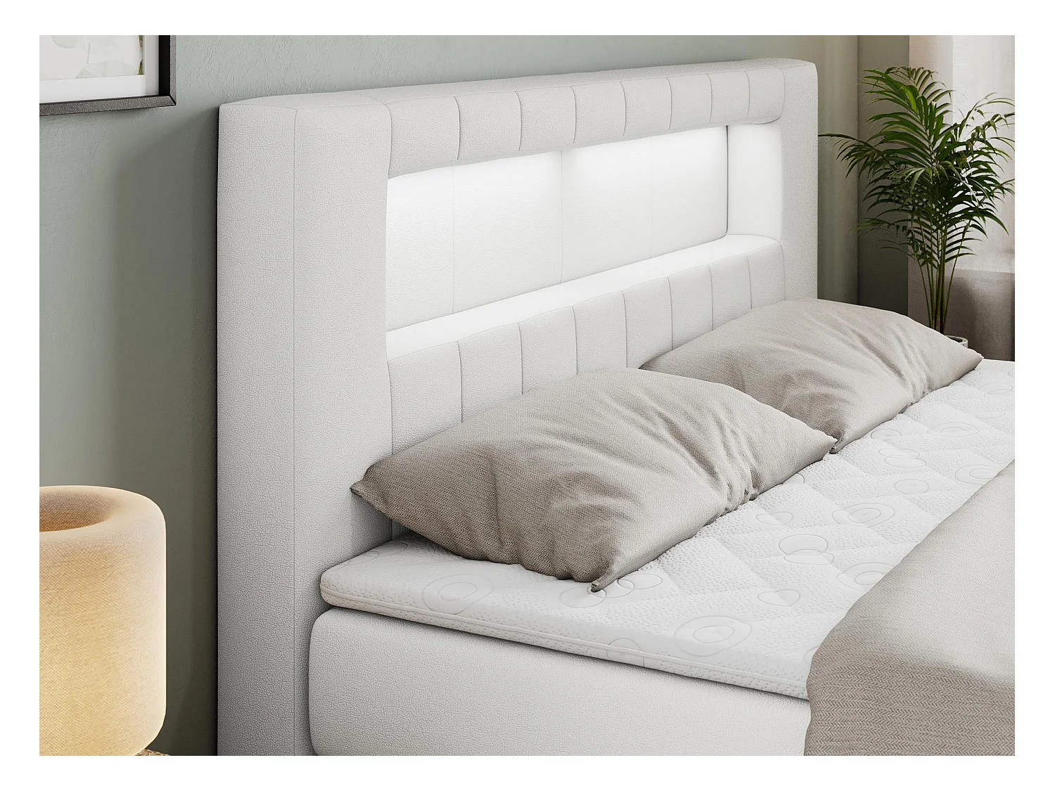 Boxspringbett GOLD 5 KING mit Stauraum, zwei Bettkästen, LED-Beleuchtung, Multipocket-Matratze - 200x200 cm - H4 - Weiß Kunstleder