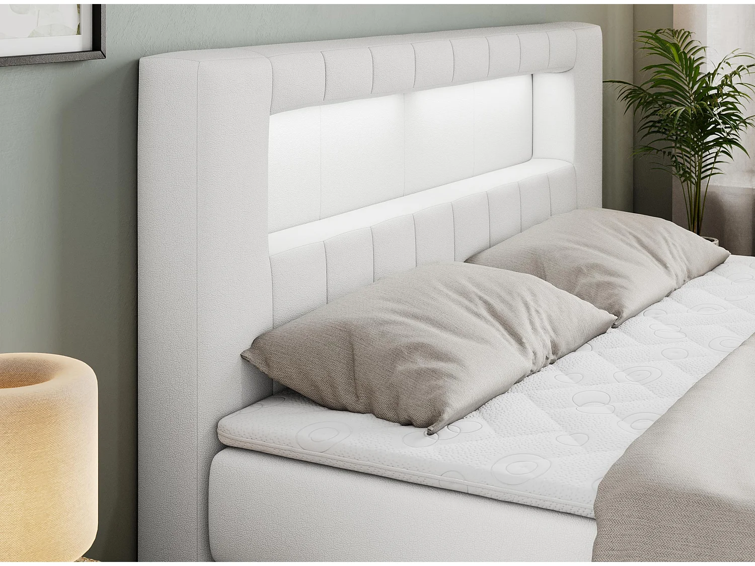 Boxspringbett GOLD 5 KING mit Stauraum, zwei Bettkästen, LED-Beleuchtung, Multipocket-Matratze - 200x200 cm - H4 - Weiß Kunstleder