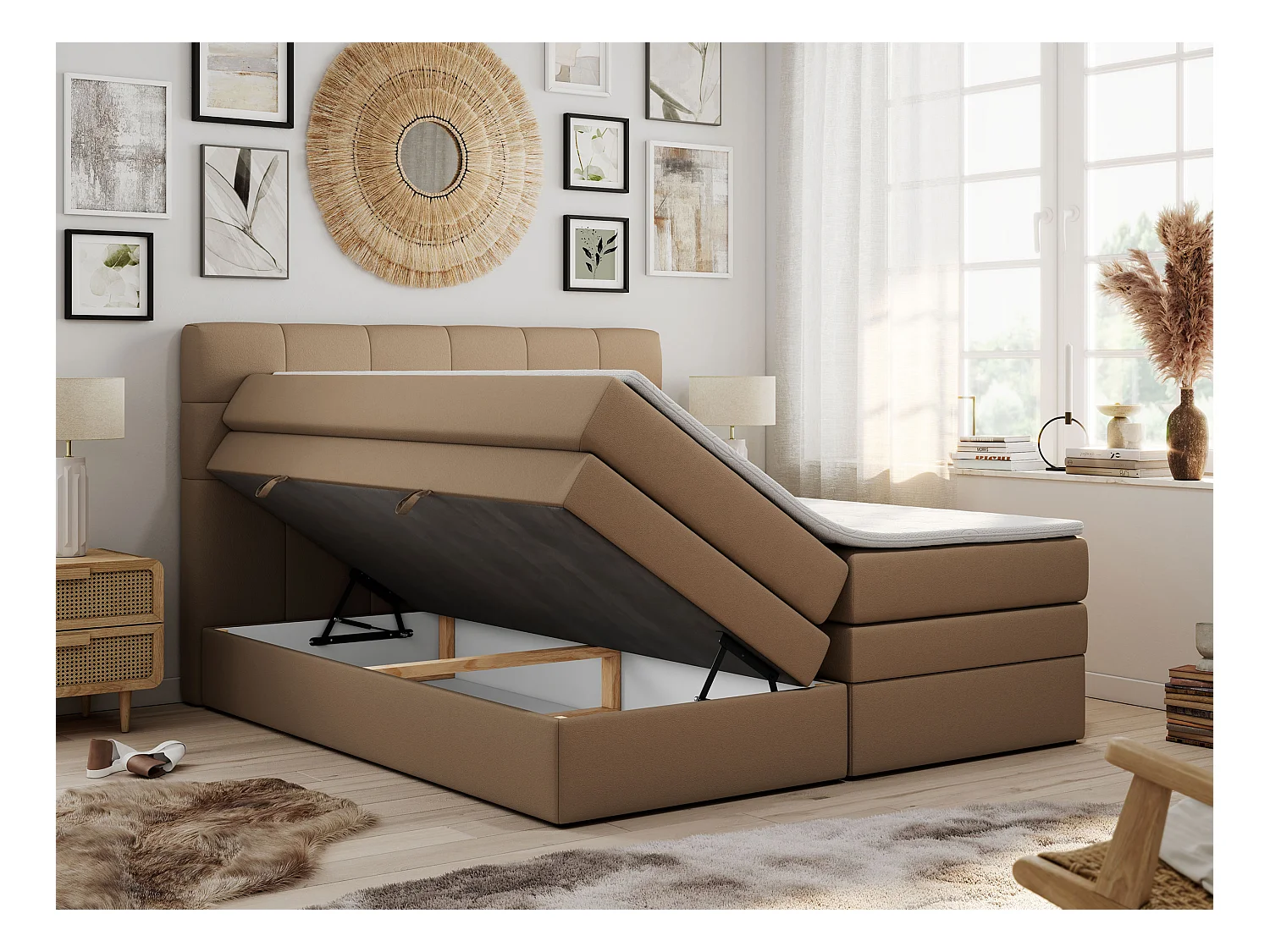 Boxspringbett LUKA KING, mit gestepptem Kopfteil, zwei Bettkästen, Multipocket-Matratze und Topper - 180x200 cm - H3 - Braun Kunstleder