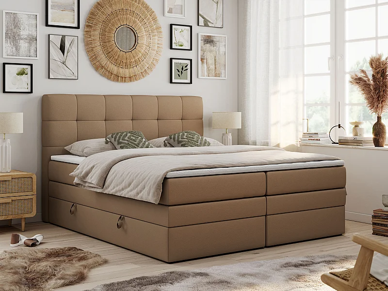 Boxspringbett LUKA KING, mit gestepptem Kopfteil, zwei Bettkästen, Multipocket-Matratze und Topper - 180x200 cm - H3 - Braun Kunstleder