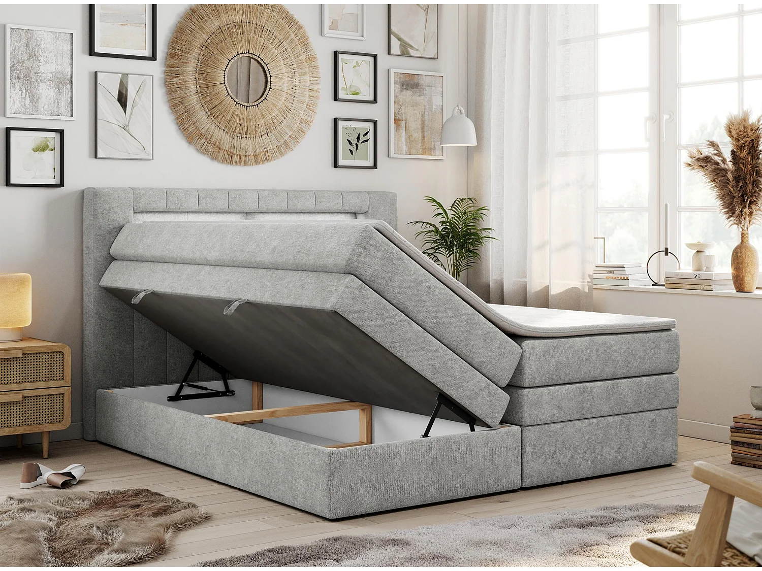 Boxspringbett GOLD 5 KING mit Stauraum, zwei Bettkästen, LED-Beleuchtung, Multipocket-Matratze - 180x200 cm - H3 - Hellgrau Strukture