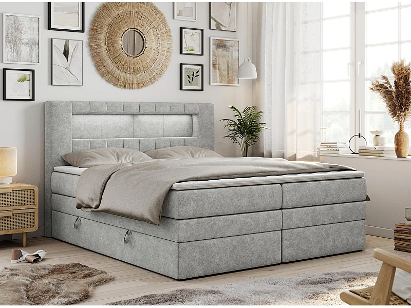 Boxspringbett GOLD 5 KING mit Stauraum, zwei Bettkästen, LED-Beleuchtung, Multipocket-Matratze - 180x200 cm - H3 - Hellgrau Strukture