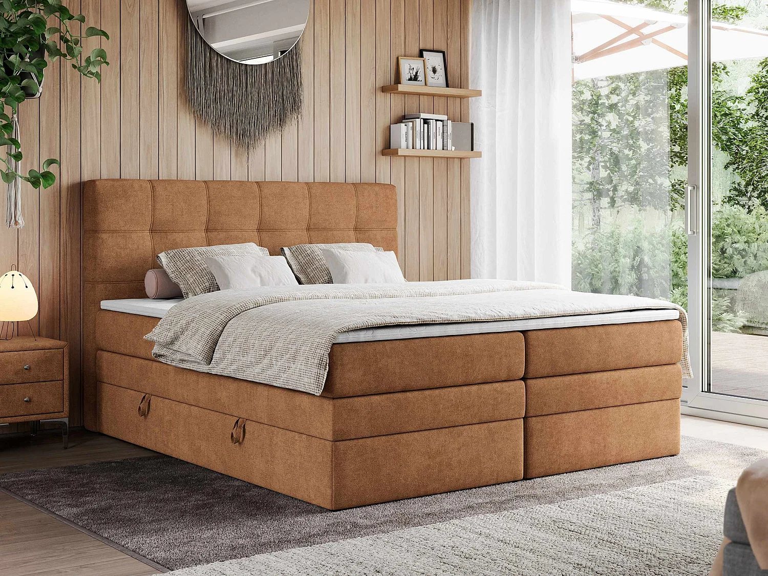 Boxspringbett ERNI KING, gestepptes Kopfteil, zwei Multipocket-Matratze und Topper, mit Stauraum - 120x200 cm - H4 - Orange Strukture
