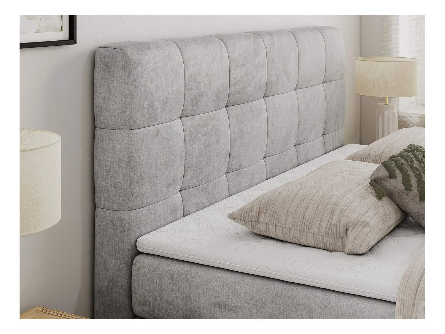 Boxspringbett LUKA KING, mit gestepptem Kopfteil, zwei Bettkästen, Multipocket-Matratze und Topper - 160x200 cm - H3 - Hellgrau Velvet