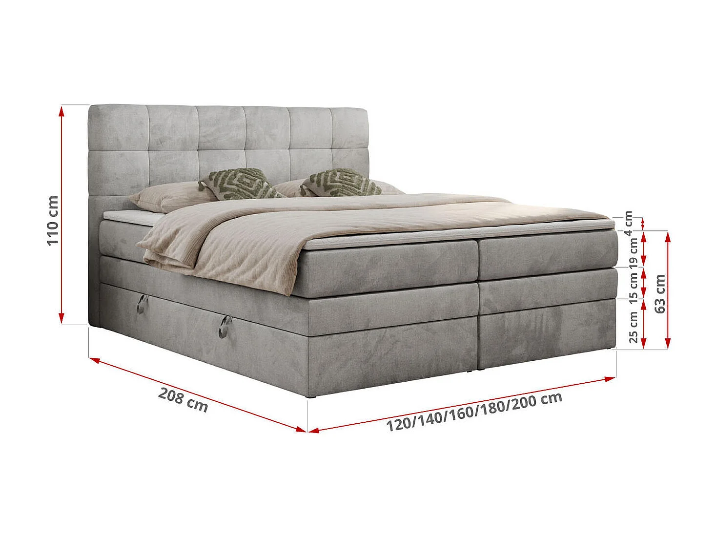 Boxspringbett LUKA KING, mit gestepptem Kopfteil, zwei Bettkästen, Multipocket-Matratze und Topper - 160x200 cm - H3 - Hellgrau Velvet