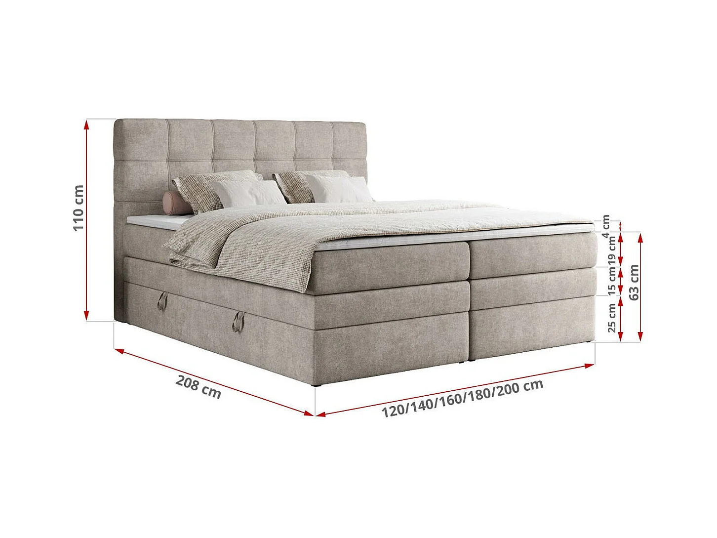 Boxspringbett ERNI KING, gestepptes Kopfteil, zwei Multipocket-Matratze und Topper, mit Stauraum - 140x200 cm - H3 - Beige Strukture