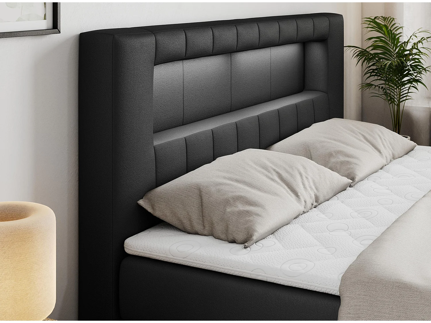 Boxspringbett GOLD 5 KING mit Stauraum, zwei Bettkästen, LED-Beleuchtung, Multipocket-Matratze - 140x200 cm - H4 - Schwarz Kunstleder