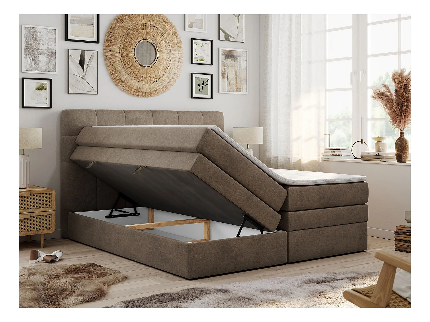 Boxspringbett LUKA KING, mit gestepptem Kopfteil, zwei Bettkästen, Multipocket-Matratze und Topper - 140x200 cm - H3 - Braun Velvet
