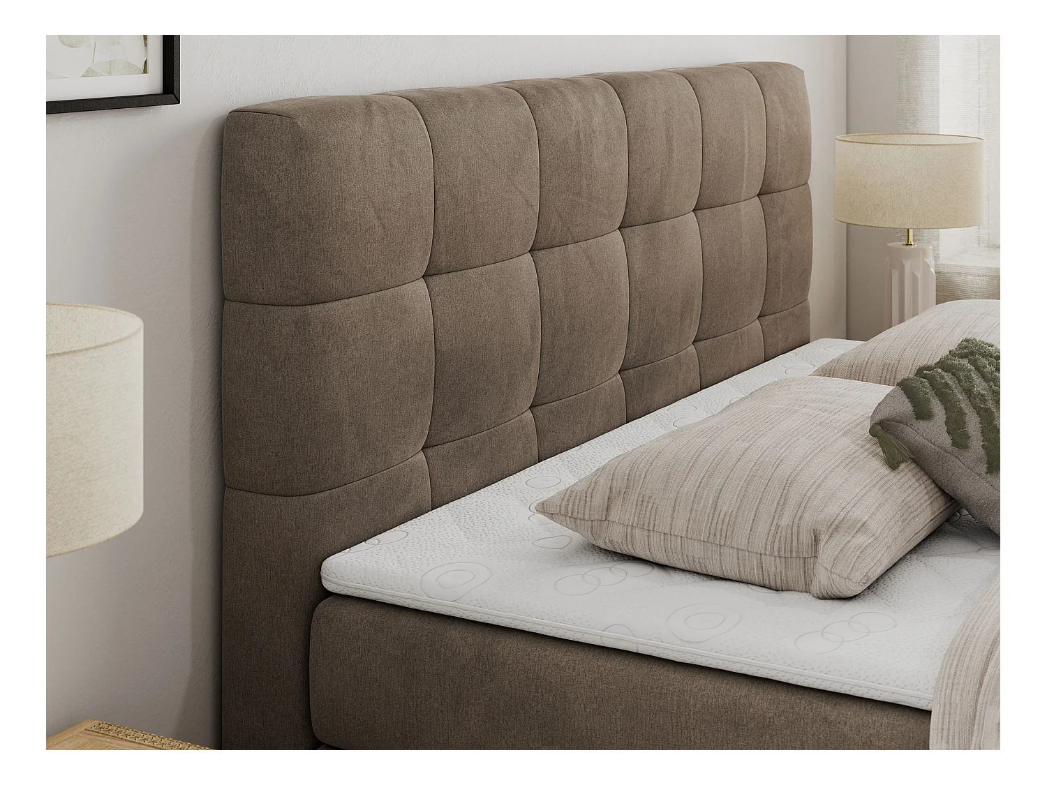 Boxspringbett LUKA KING, mit gestepptem Kopfteil, zwei Bettkästen, Multipocket-Matratze und Topper - 140x200 cm - H3 - Braun Velvet