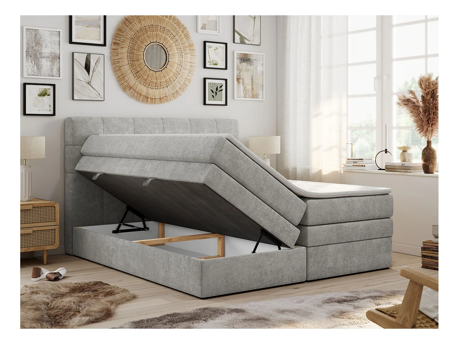 Boxspringbett LUKA KING, mit gestepptem Kopfteil, zwei Bettkästen, Multipocket-Matratze und Topper - 160x200 cm - H3 - Hellgrau Strukture