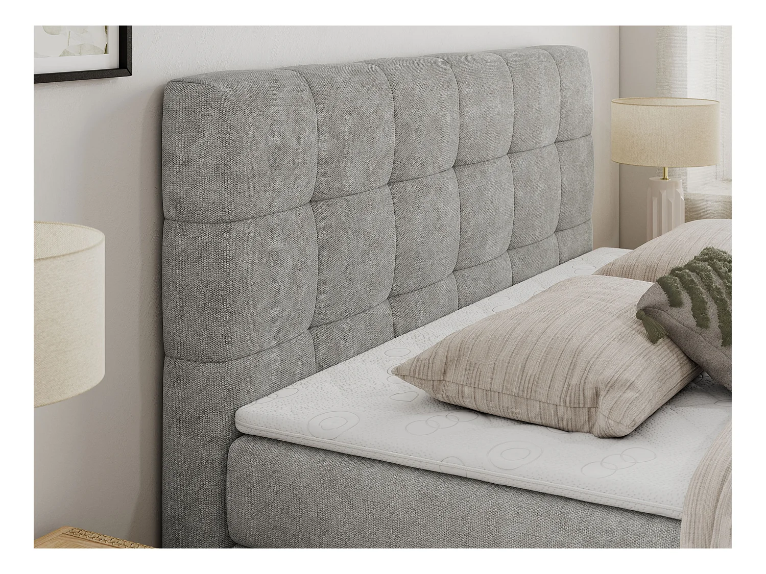 Boxspringbett LUKA KING, mit gestepptem Kopfteil, zwei Bettkästen, Multipocket-Matratze und Topper - 160x200 cm - H3 - Hellgrau Strukture