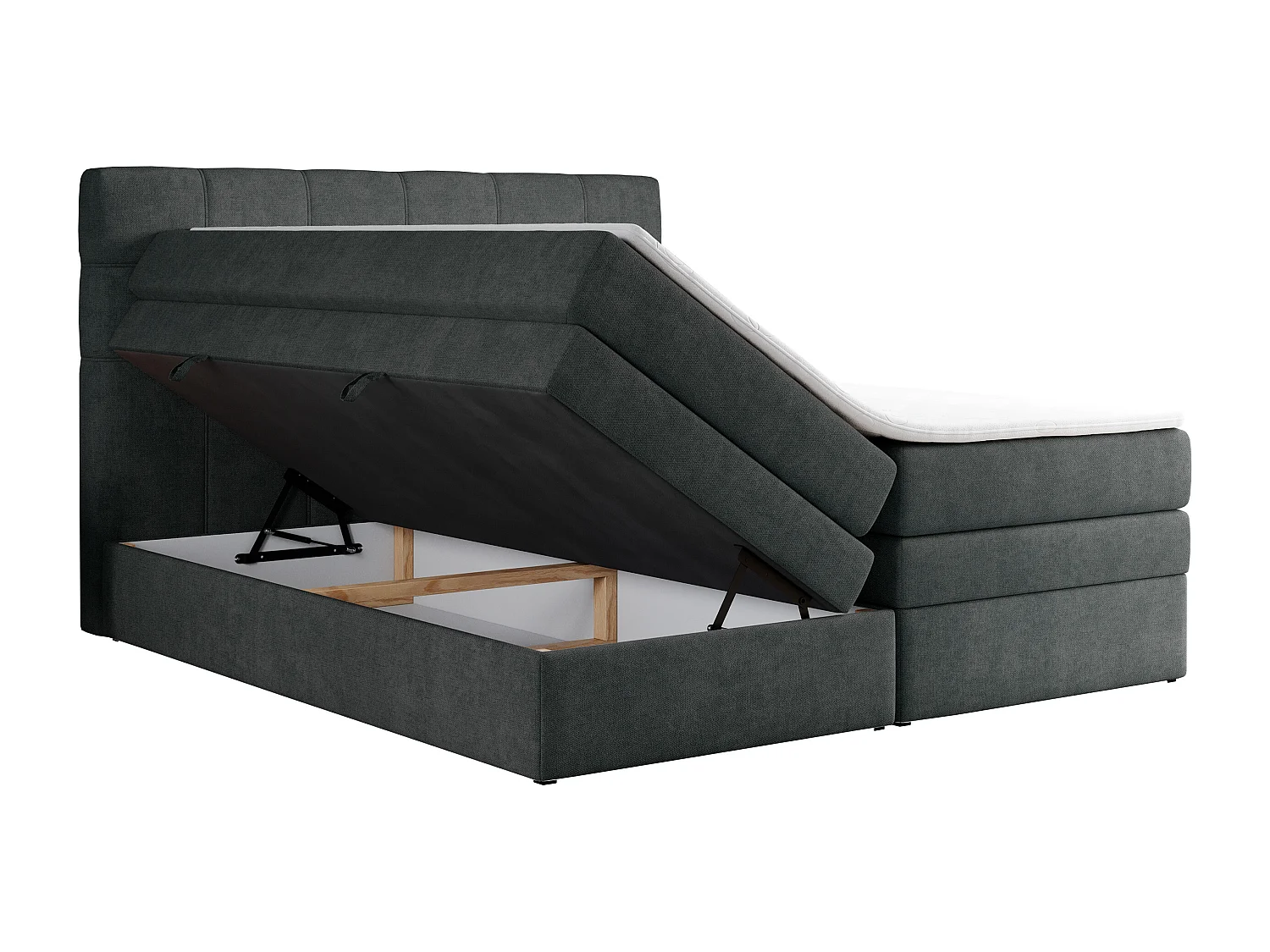 Boxspringbett ERNI KING, gestepptes Kopfteil, zwei Multipocket-Matratze und Topper, mit Stauraum - 180x200 cm - H4 - Dunkelgrau Strukture