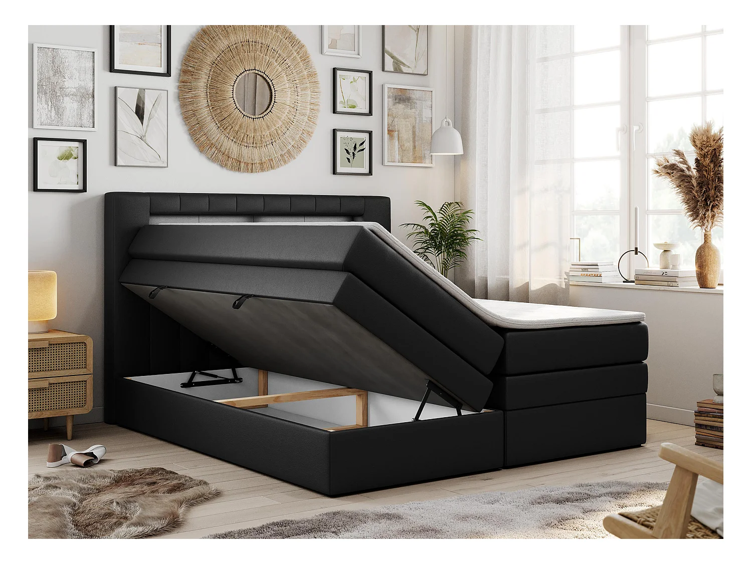 Boxspringbett GOLD 5 KING mit Stauraum, zwei Bettkästen, LED-Beleuchtung, Multipocket-Matratze - 120x200 cm - H3 - Schwarz Kunstleder